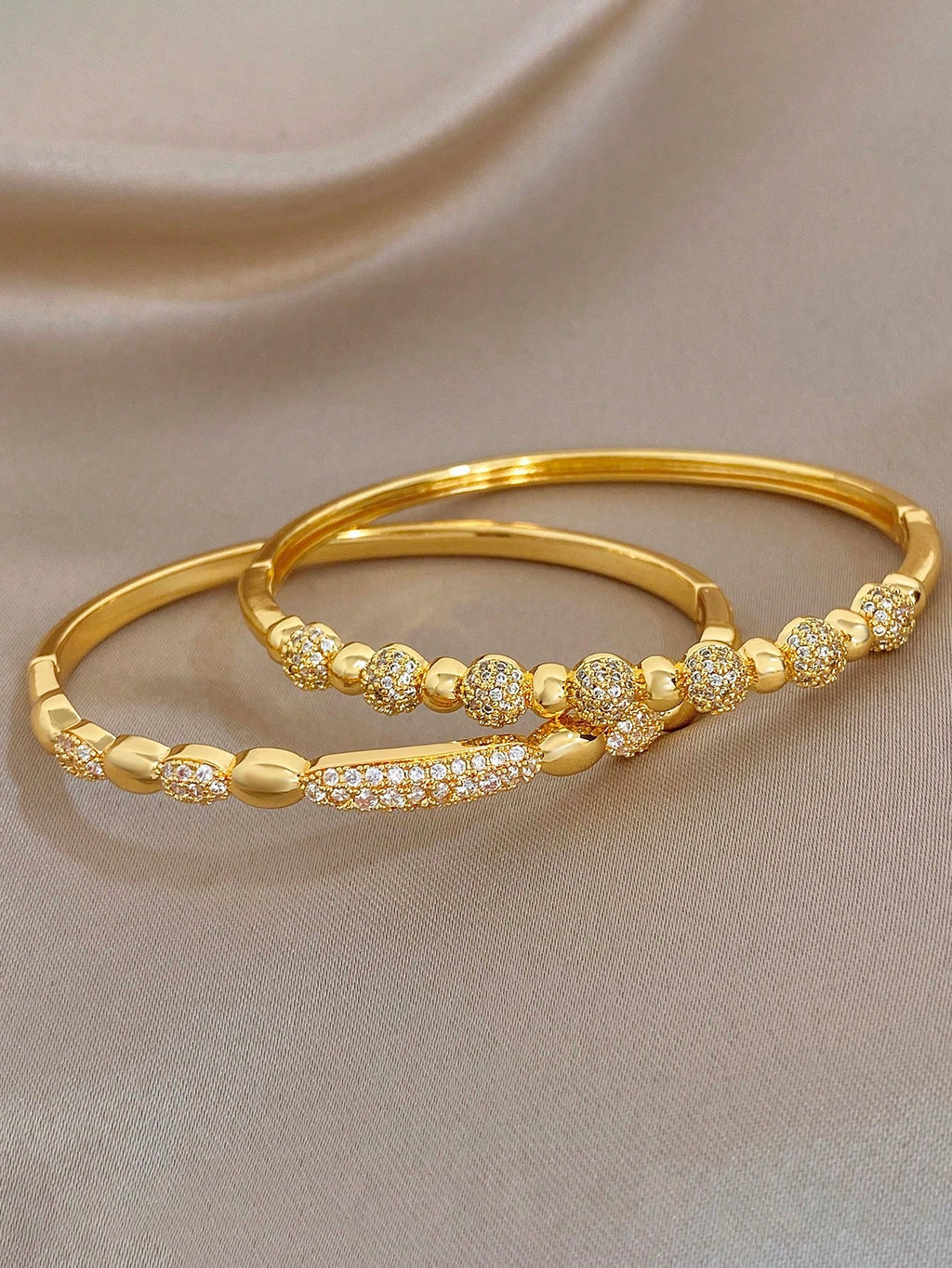 18K Gold-Plated Cubic Zirconia Bangle Set – Luxury Minimalist Bracelet Duo