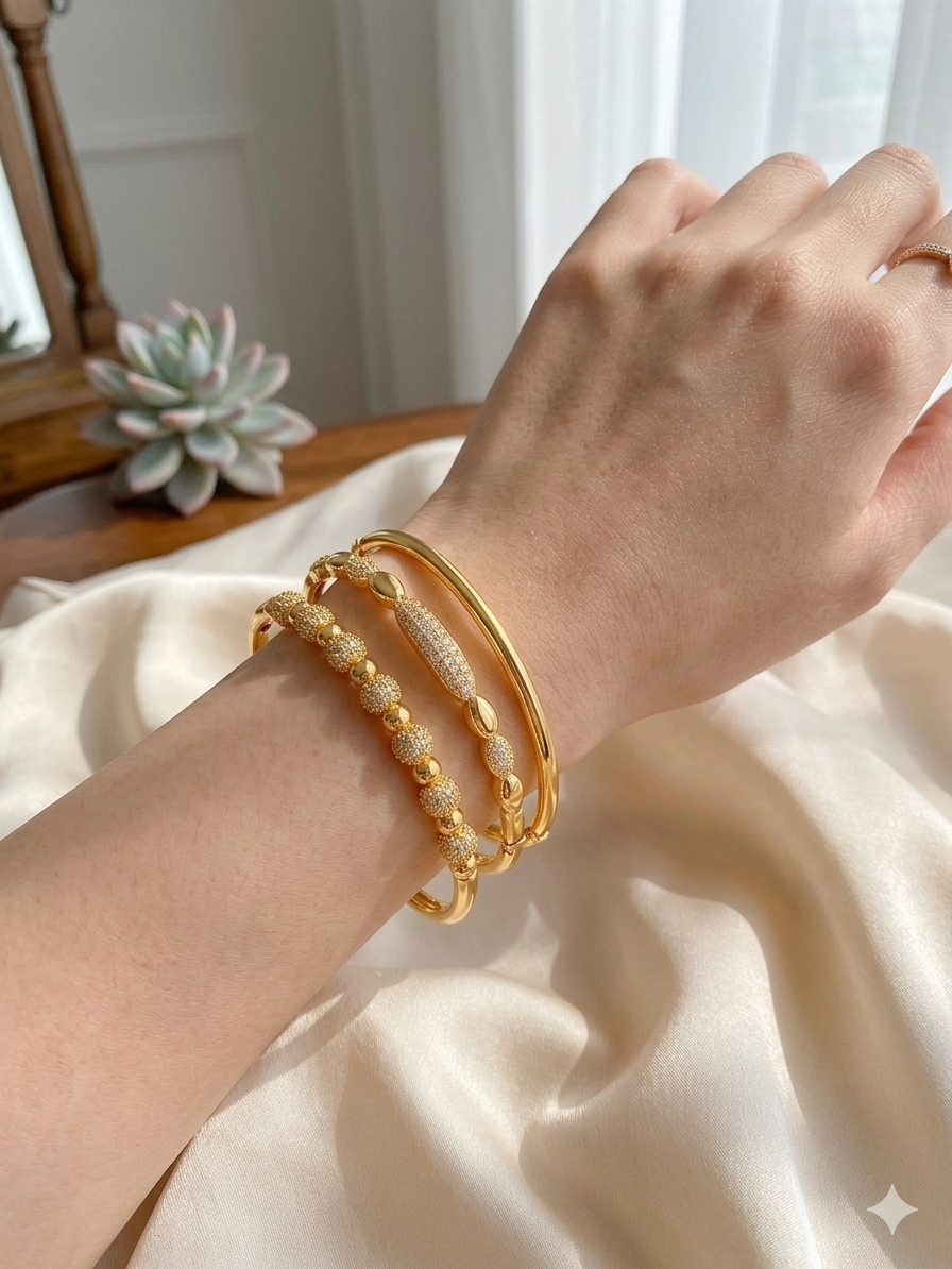 18K Gold-Plated Cubic Zirconia Bangle Set – Luxury Minimalist Bracelet Duo