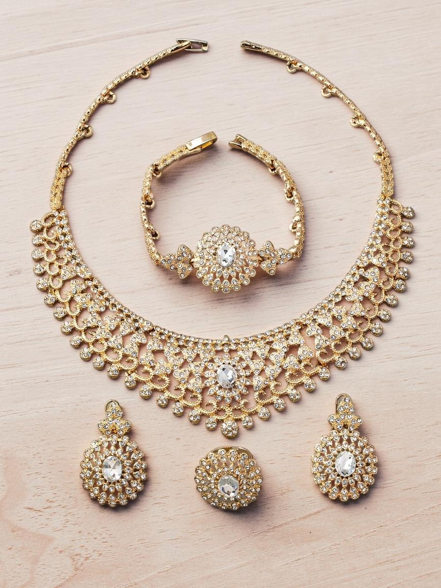 Luxury Rhinestone Bridal Jewellery Set – Necklace, Earrings, Bracelet & Ring | Statement Wedding Set