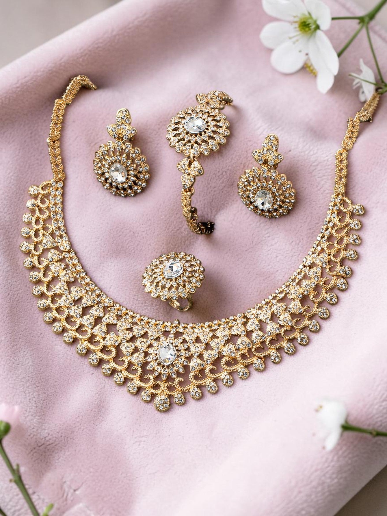 Luxury Rhinestone Bridal Jewellery Set – Necklace, Earrings, Bracelet & Ring | Statement Wedding Set