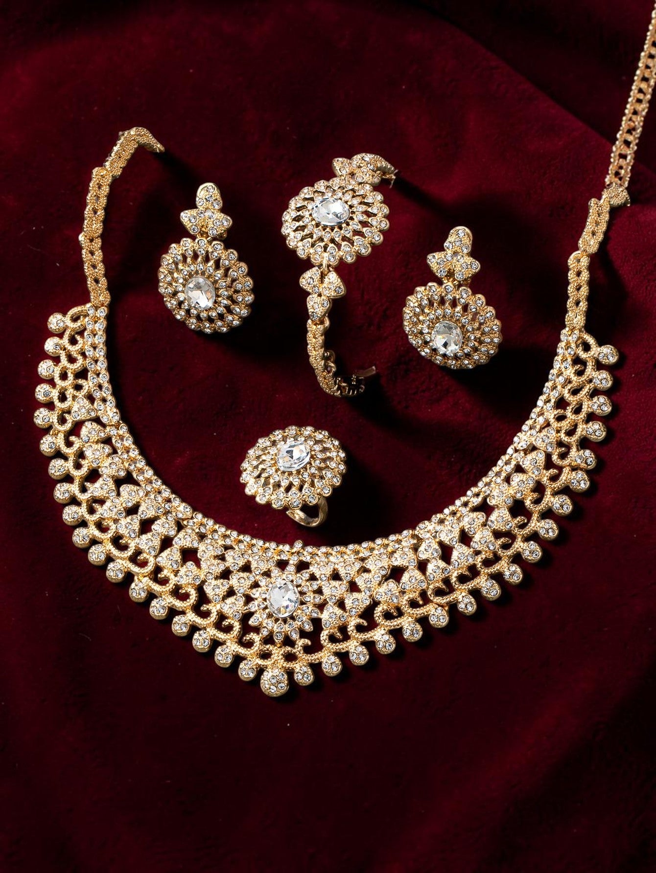 Luxury Rhinestone Bridal Jewellery Set – Necklace, Earrings, Bracelet & Ring | Statement Wedding Set